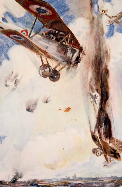 "O Inimigo caiu na Terra em uma coluna de Flame and Smoke", ilustração de "Told in the Huts: The YMCA Gift Book", publicado em 1916 de Cyrus Cuneo